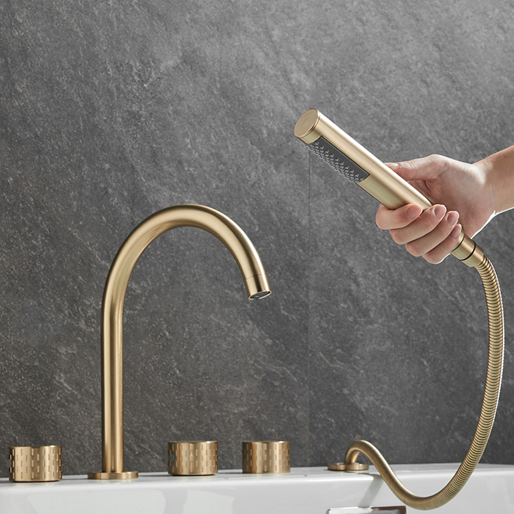 Contemporary 3-Handle Roman Tub Faucet, 5-Hole Brass Tub Filler with Handheld Shower