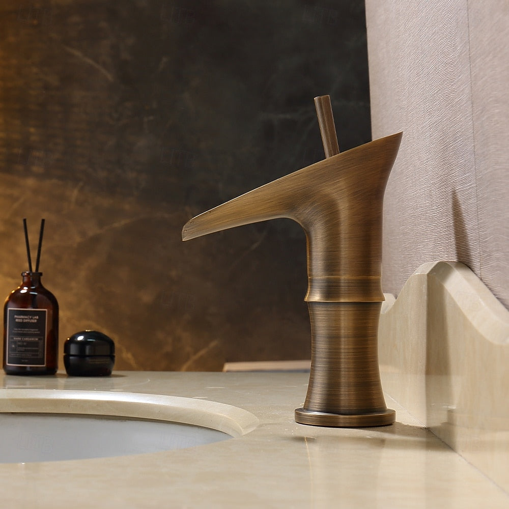 Waterfall Antique Brass Bathroom Sink Faucet, Single-Handle Single-Hole Faucet