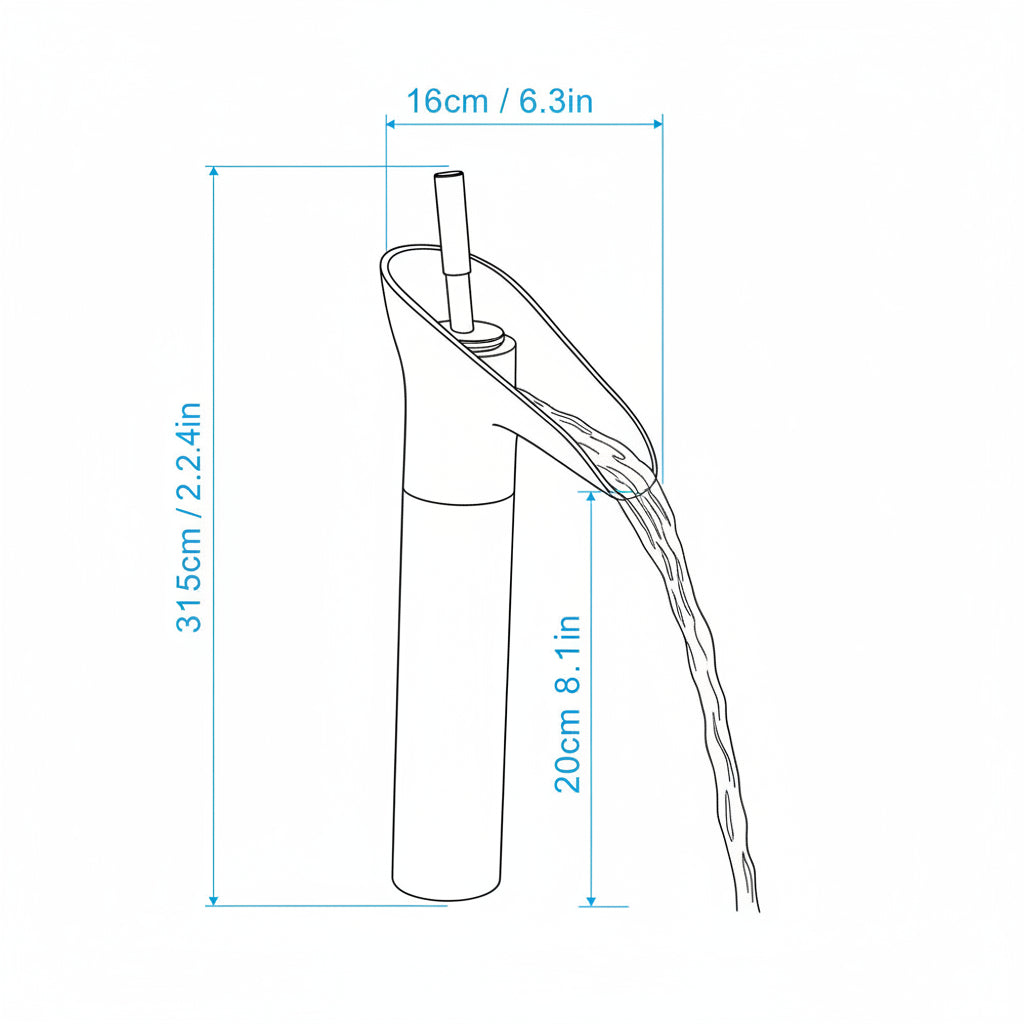 Bronze faucet with water flow, measurements indicated, on a white background