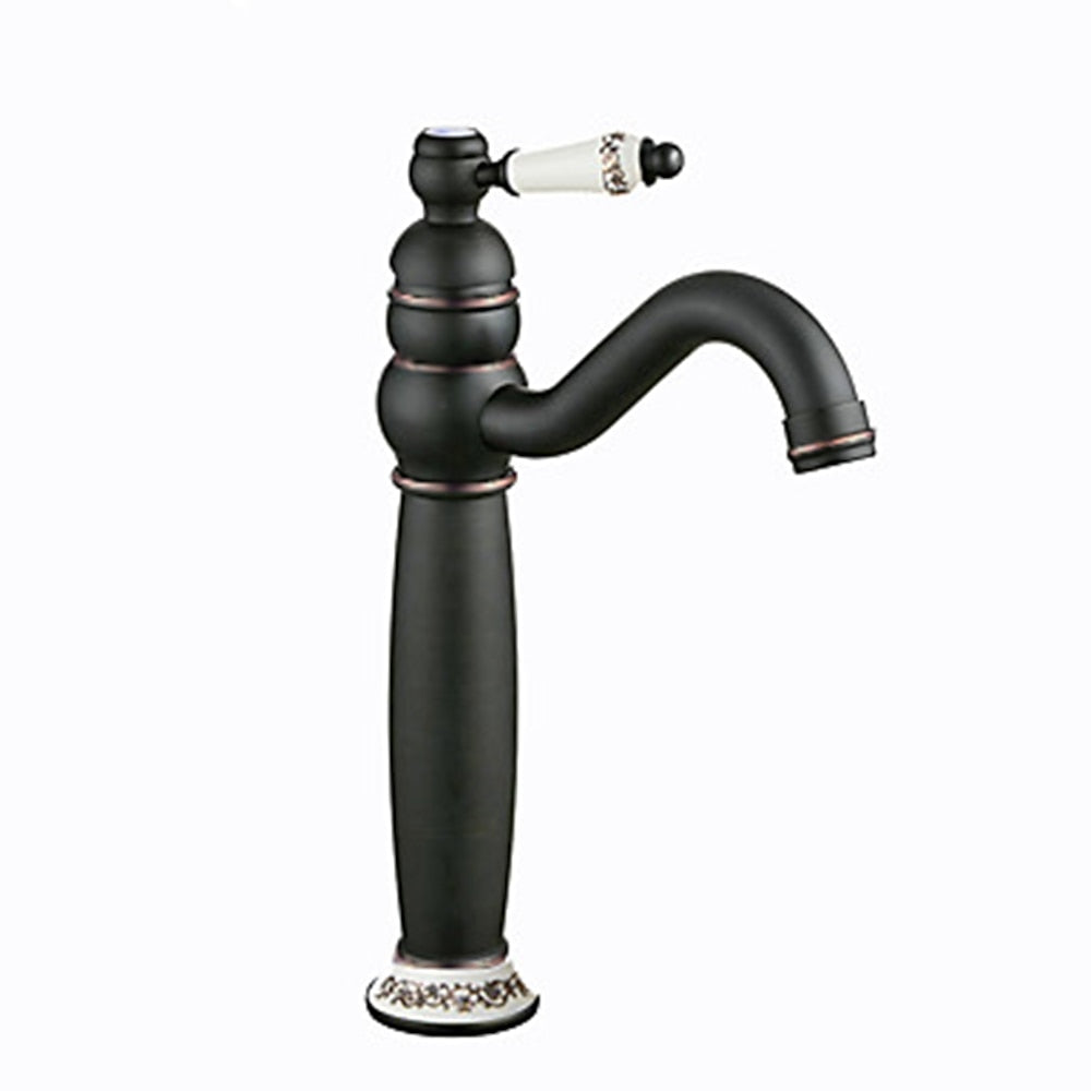 Vintage High-Arc Vessel Sink Faucet, Single-Handle Deck-Mounted Faucet, Brass Faucet with Ceramic Lever Handle, Antique Brass / Matte Black