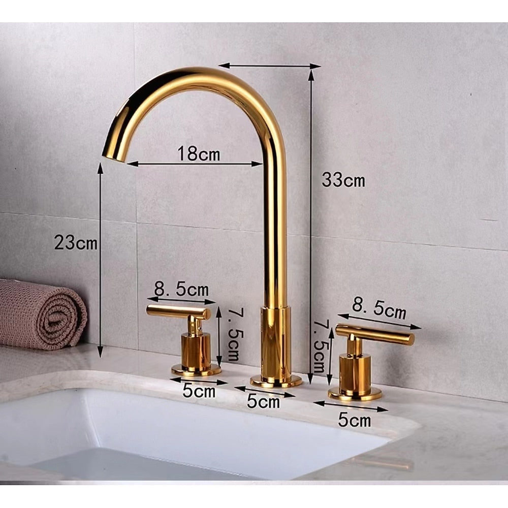 Modern 3-Hole Widespread Bathroom Faucet, Brass Dual-Handle Faucet with 360-Degree Swivel Spout, Chrome / Matte Black / Polished Gold