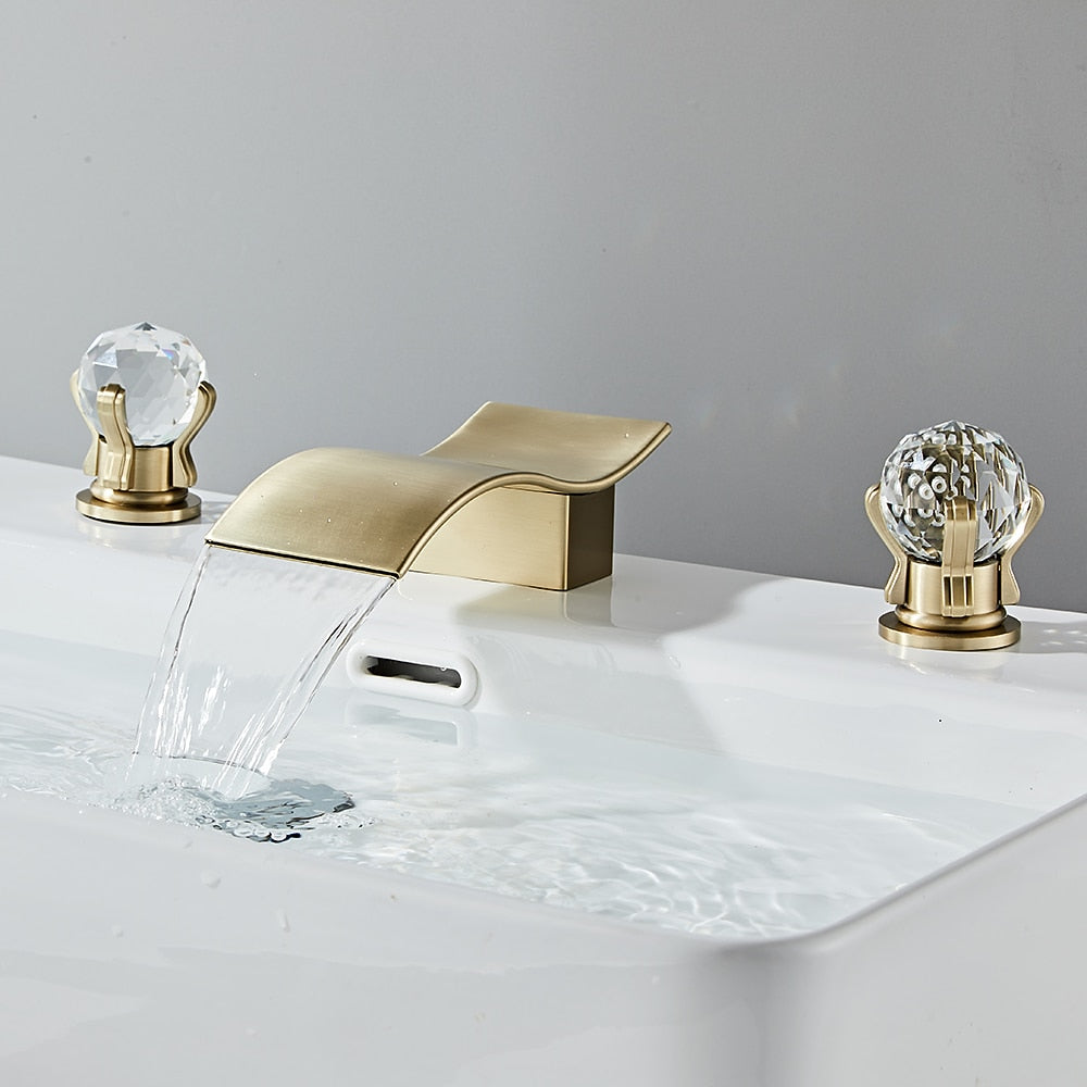 Waterfall Widespread Bathroom Sink Faucet, Double Crystal Knob Handle Deck Mounted Faucet, Matte Black / Chrome / Brushed Gold / Brushed Nickel / Gunmetal / PVD