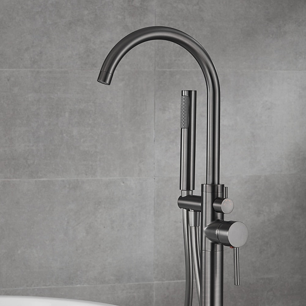 Gunmetal Floor-Mount Freestanding Tub Filler Faucet, Single-Handle Swivel Spout Bathtub Faucet with Handheld Shower