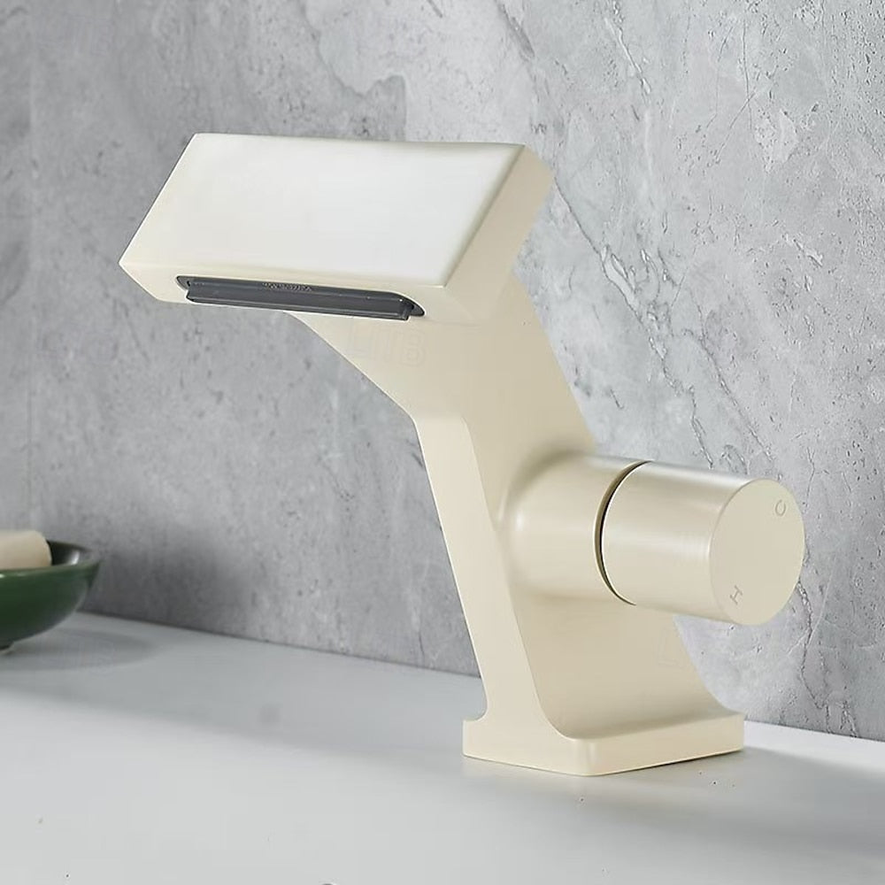 Waterfall Single-Hole Bathroom Faucet, Single-Handle Deck-Mount Faucet, Antique Brass / Brushed Gold / Chrome / Gunmetal / Matte Black / Matte White