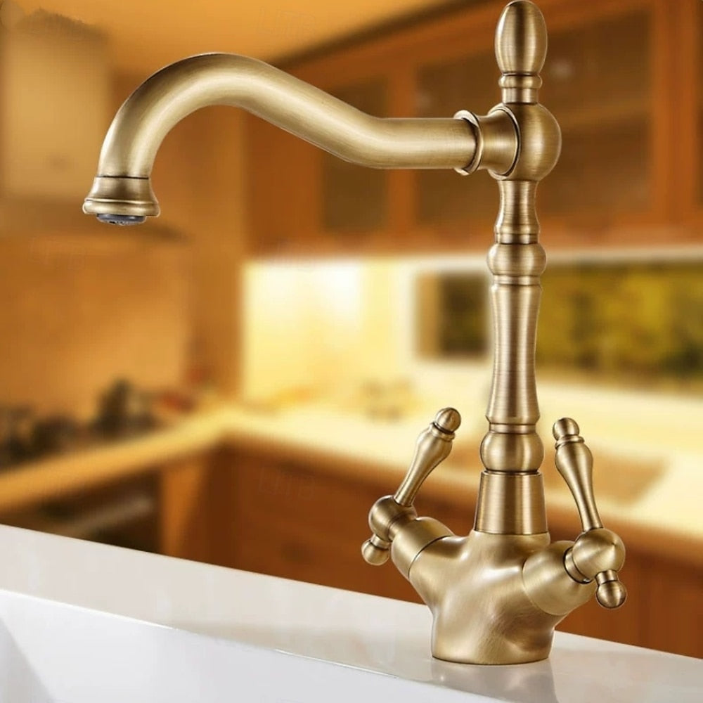 Vintage Antique Brass Single-Hole Bathroom Faucet, Double-Handle High-Arc Faucet