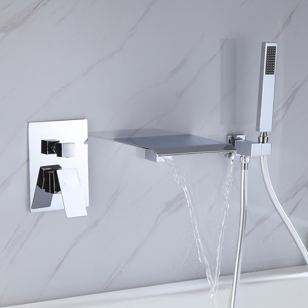 Waterfall Wall-Mount Tub Faucet, Single-Handle Tub Filler with Handheld Shower, Matte Black / Chrome
