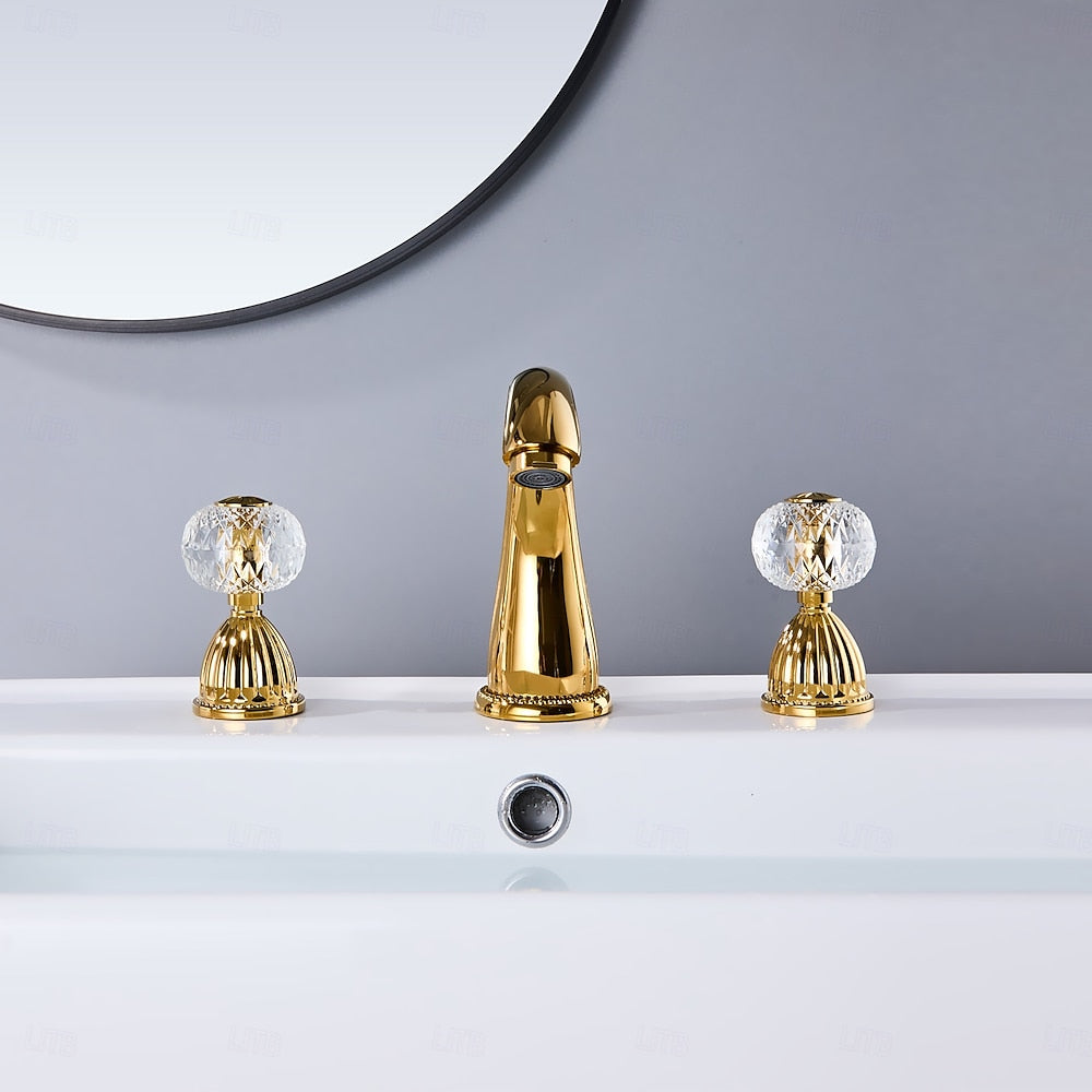 Crystal Knob Handles Widespread Bathroom Faucet, Modern Polished Gold Dual-Handle Sink Faucet