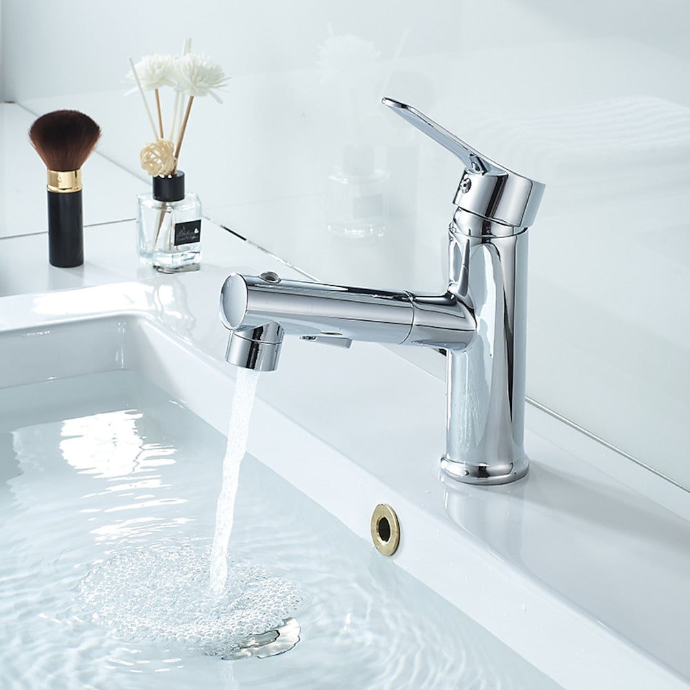 Modern Pull-Out Spray Bathroom Faucet, Single-Handle Brass Faucet, Matte Black / Chrome