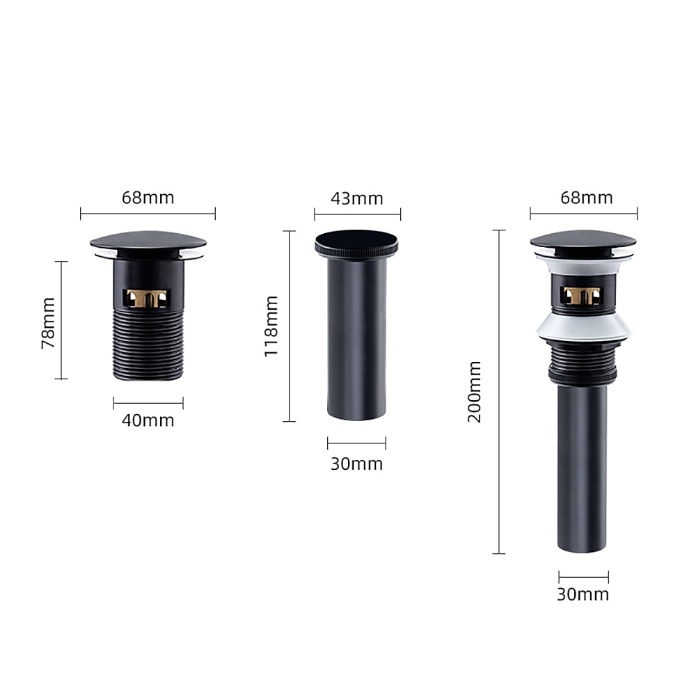 Matte Black Contemporary Brass Pop-Up Sink Drain with Overflow, Push-Button Vanity Drain Assembly