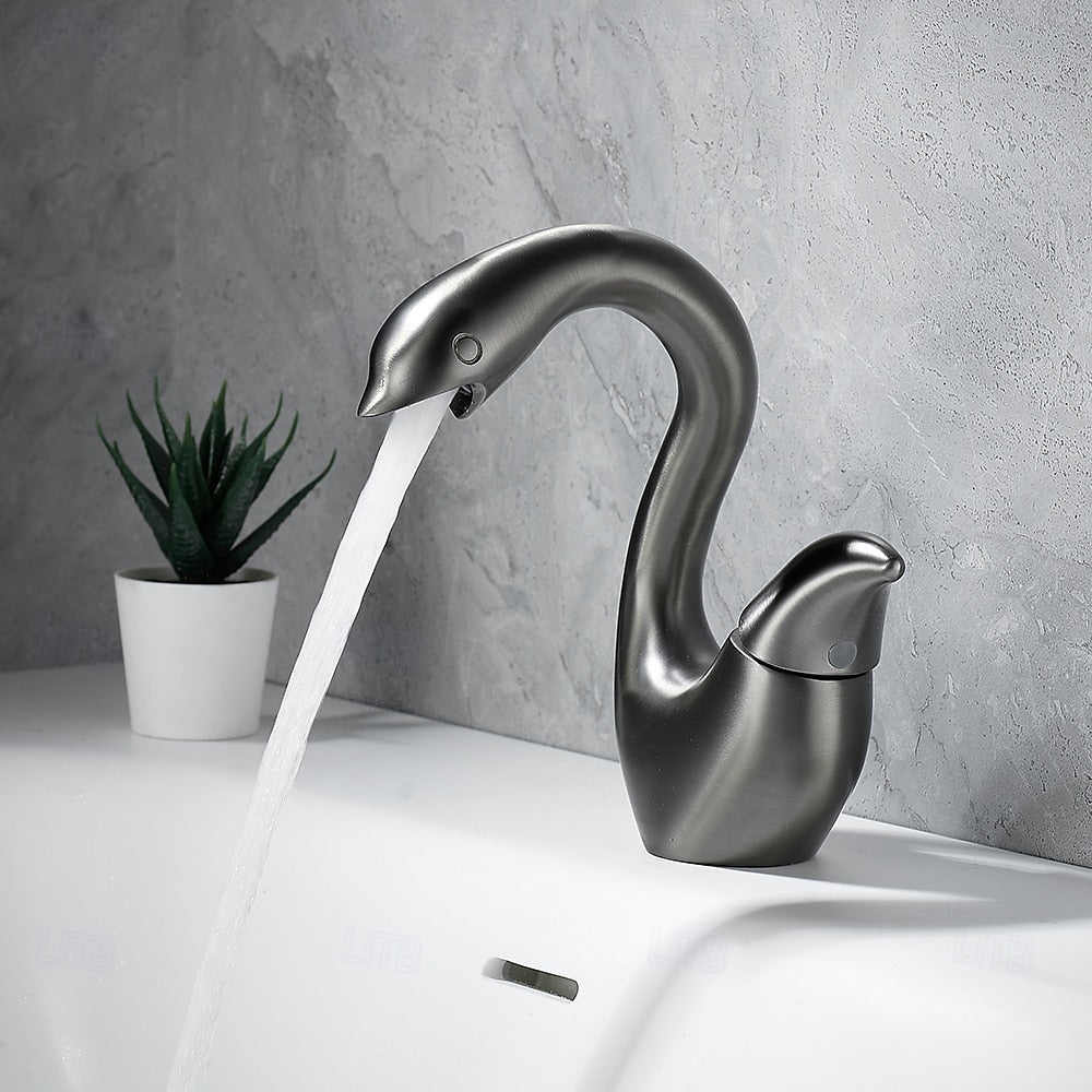 Swan-Shaped Modern Single-Hole Bathroom Faucet, Single-Handle Brass Basin Faucet