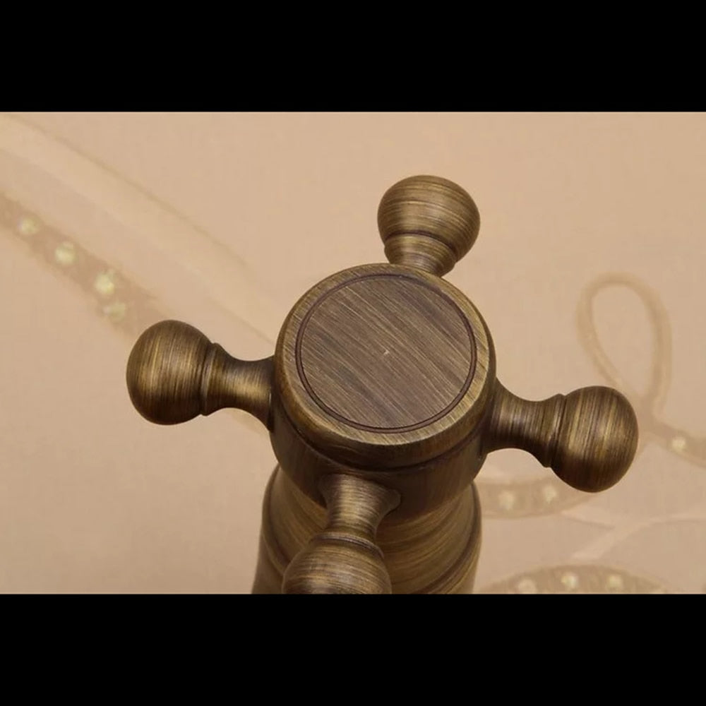Antique Brass Wall-Mount Bathroom Faucet, Double Cross Handle Swivel Spout Faucet