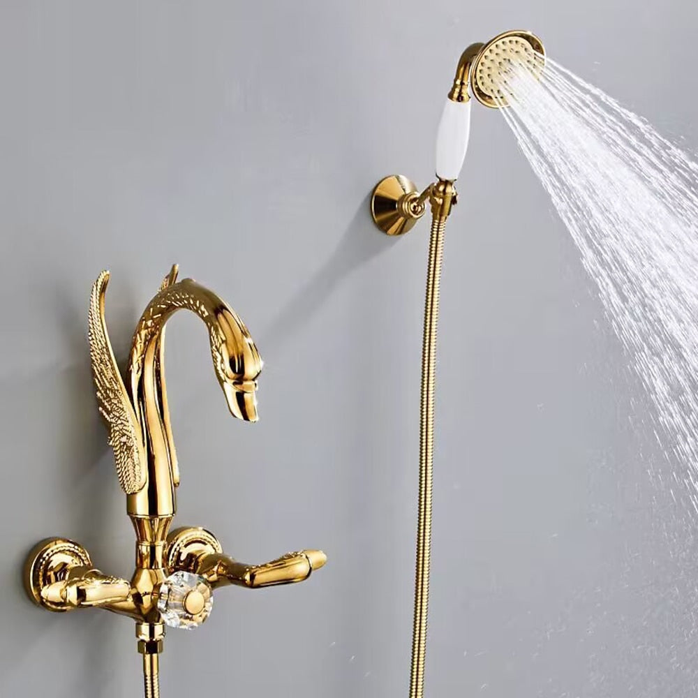 Vintage Swan-Shaped Brass Tub Filler Faucet, Wall-Mount Dual-Handle Bathtub Faucet with Handheld Shower, Antique Brass / Matte Black / Chrome / PVD