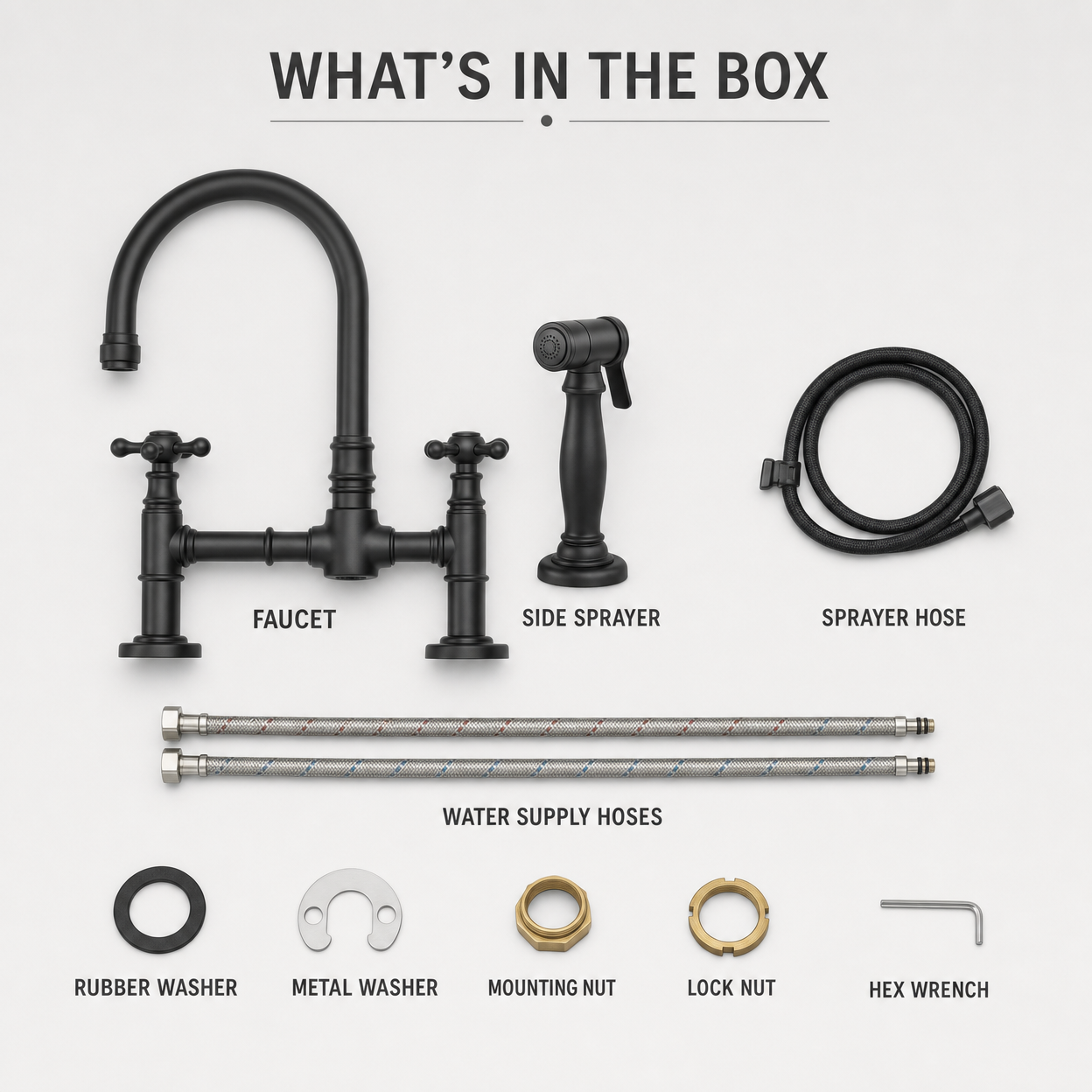Farmhouse Two Handle 4-Hole Bridge Kitchen Faucet with Side Sprayer, Matte Black