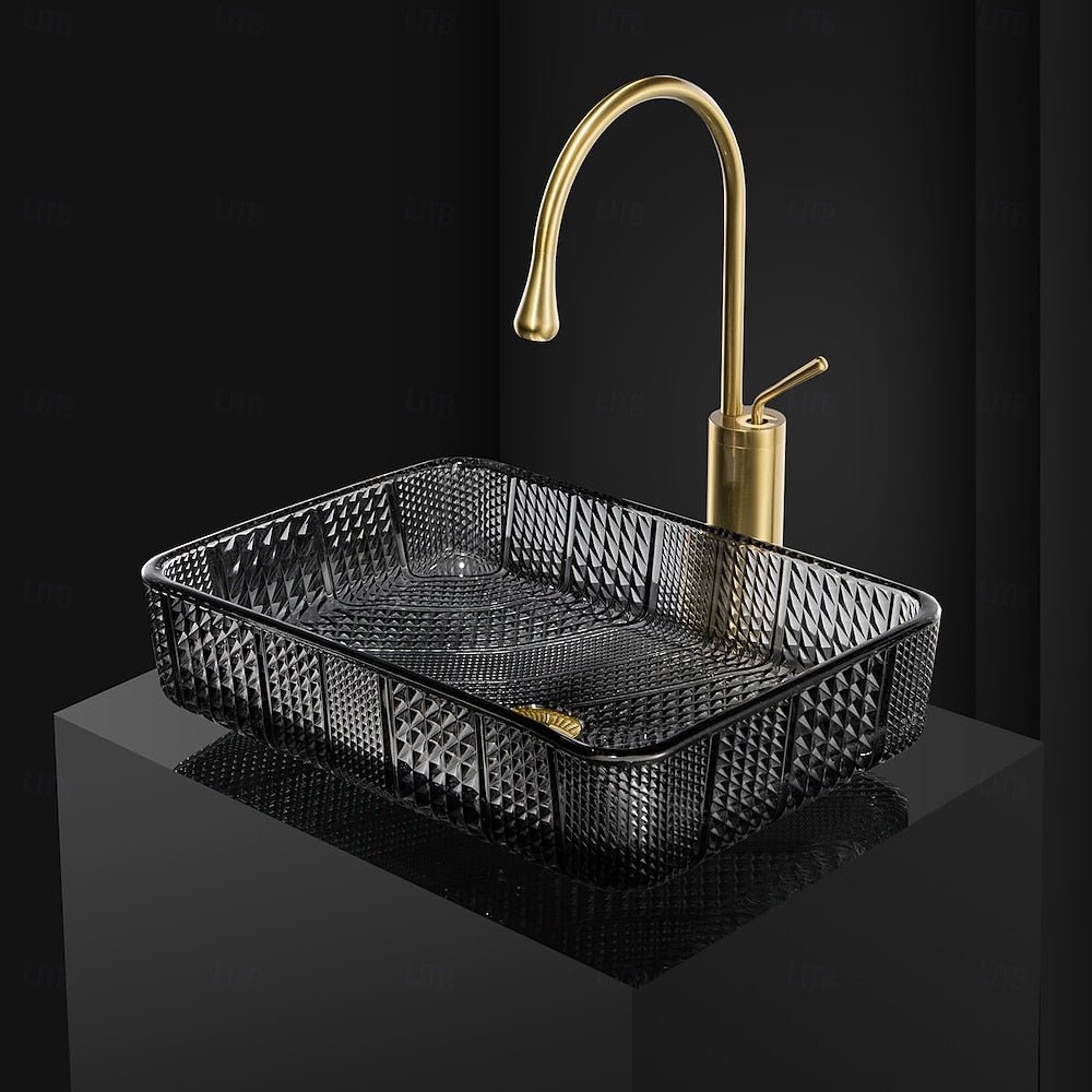 Contemporary Rectangular Tempered Glass Vessel Sink, Single-Handle Brushed Gold Faucet with Pop-Up Drain