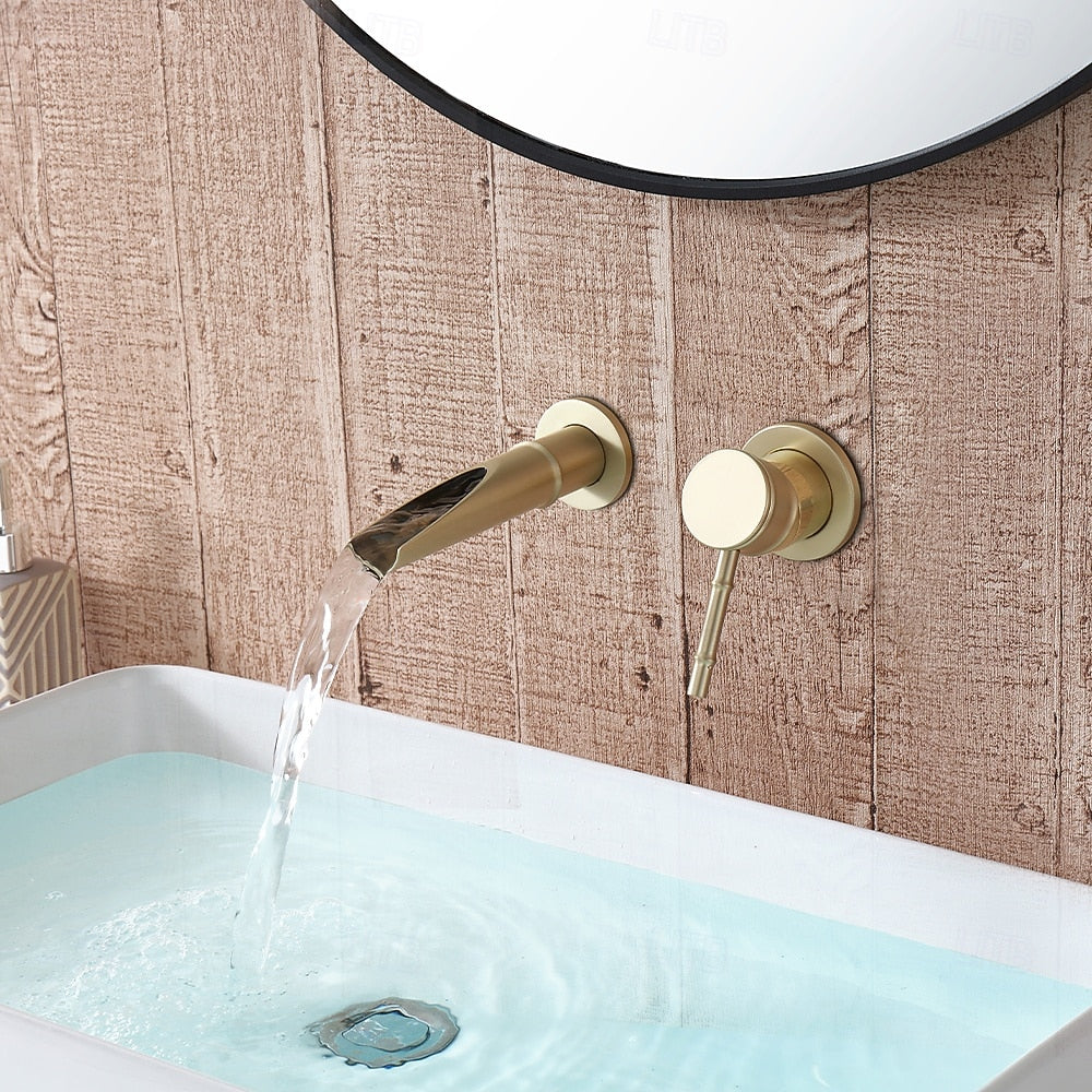 Modern Wall-Mount Waterfall Bathroom Faucet, Single-Handle Brass Faucet, Antique Brass / Brushed Gold