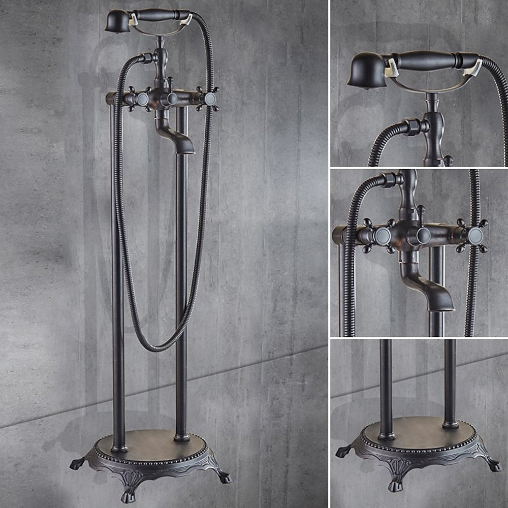 Traditional Floor-Mount Tub Filler Faucet, Double-Handle Brass Bathtub Faucet with Handheld Shower, Antique Brass / Chrome / Matte Black