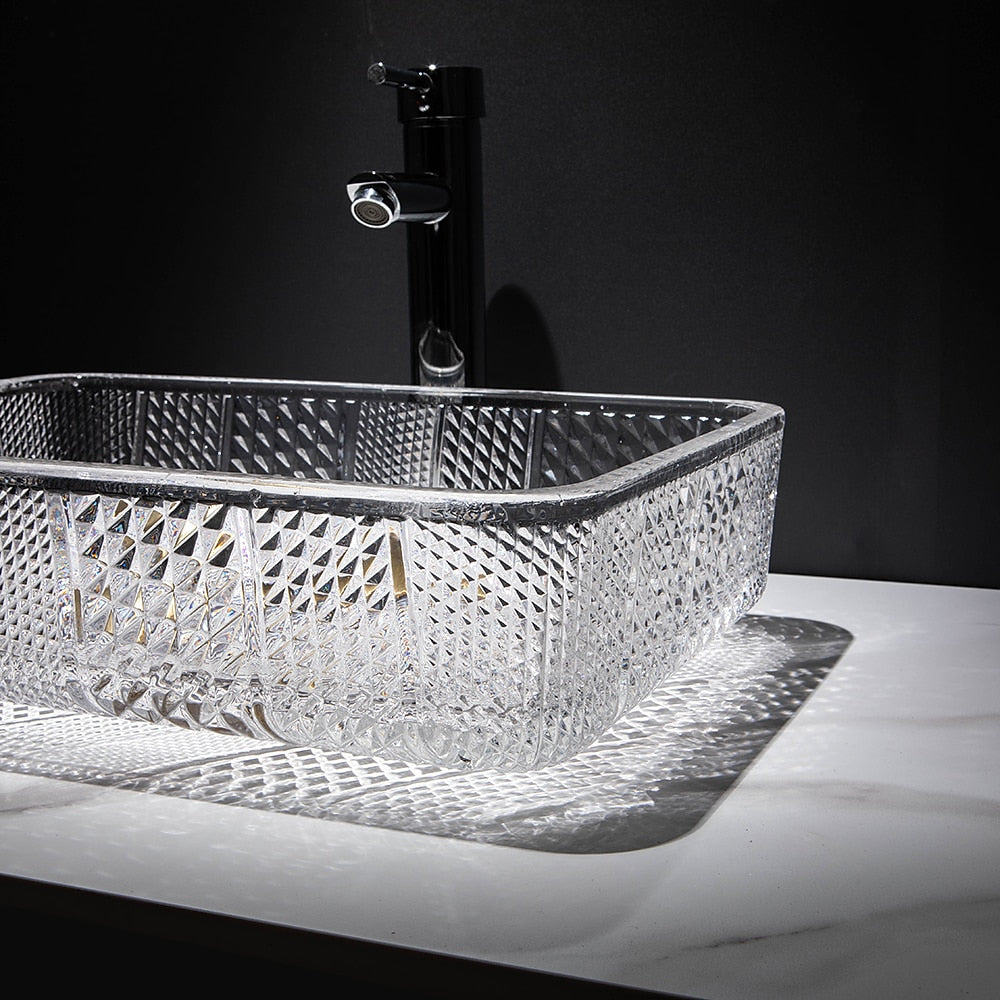 Transparent Rectangular Glass Vessel Sink, Single-Handle Chrome Faucet / Gold Pop-Up Drain Vessel Sink Set