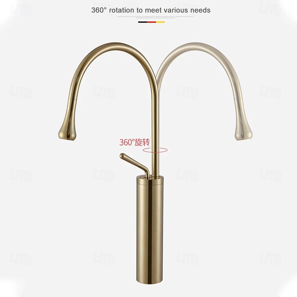 Single-Hole Vessel Sink Faucet, High Arc Gooseneck Spout Faucet, Chrome / Matte Black / Brushed Gold / Gunmetal