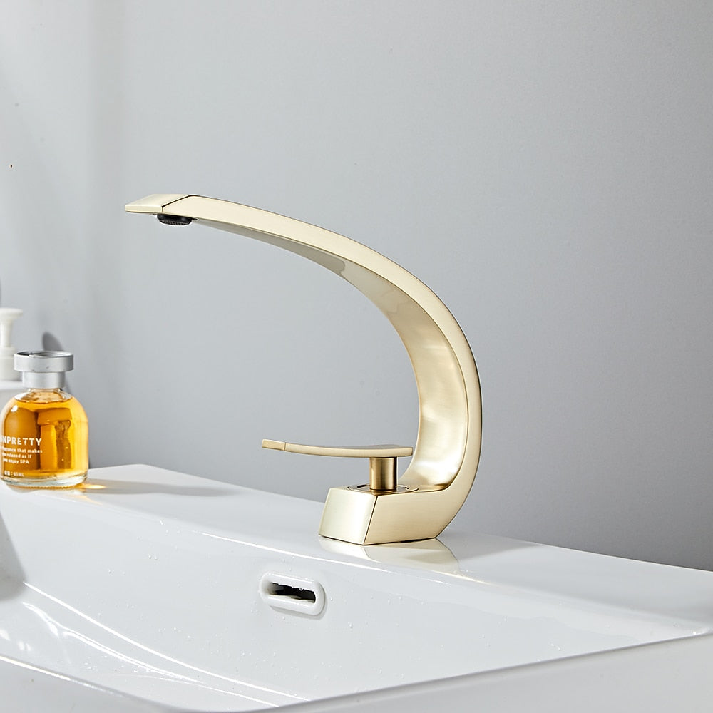 High Arc Spout Modern Single-Hole Bathroom Faucet, Single-Handle Brass Body Sink Faucet