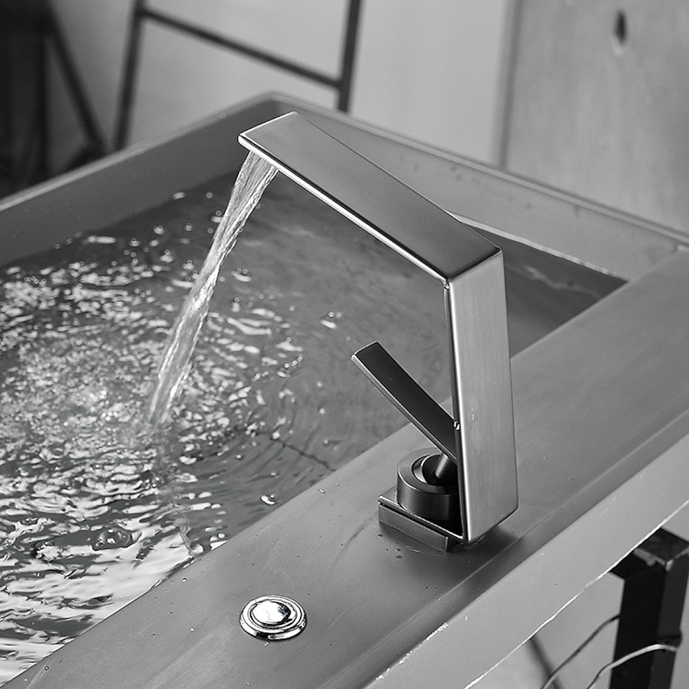 Waterfall Single-Hole Bathroom Faucet, Single-Handle Brass Faucet, Matte Black / Matte White / Chrome / Gunmetal