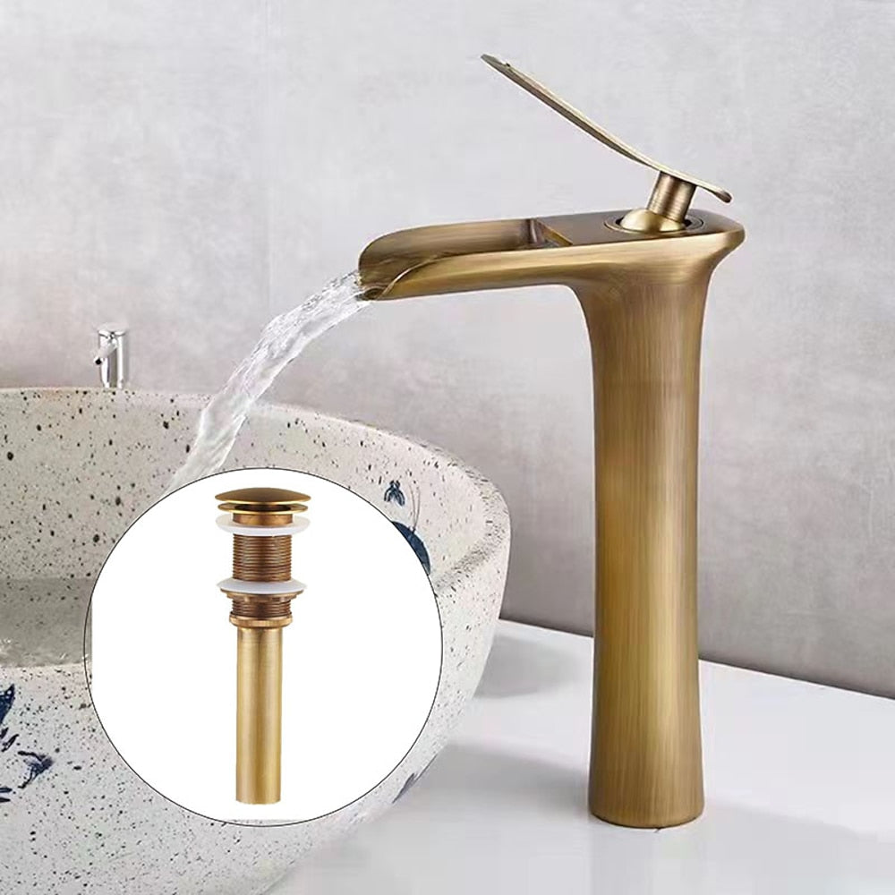 Waterfall Single-Hole Bathroom Faucet, Modern Single-Handle Sink Faucet with Pop-Up Drain