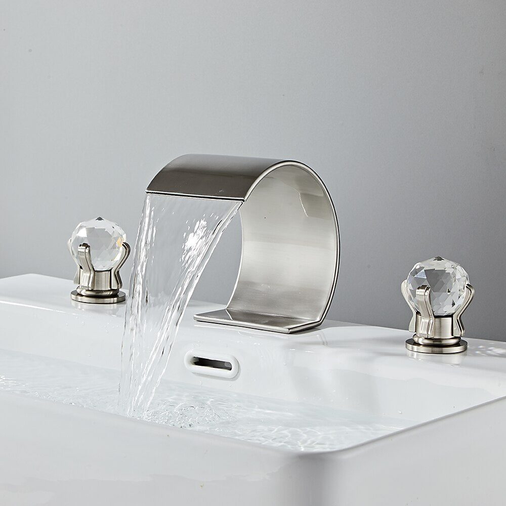 Waterfall Widespread Bathroom Faucet, 3-Hole Dual Crystal Knob Handle Faucet, Chrome / Matte Black / Polished Gold / Brushed Nickel