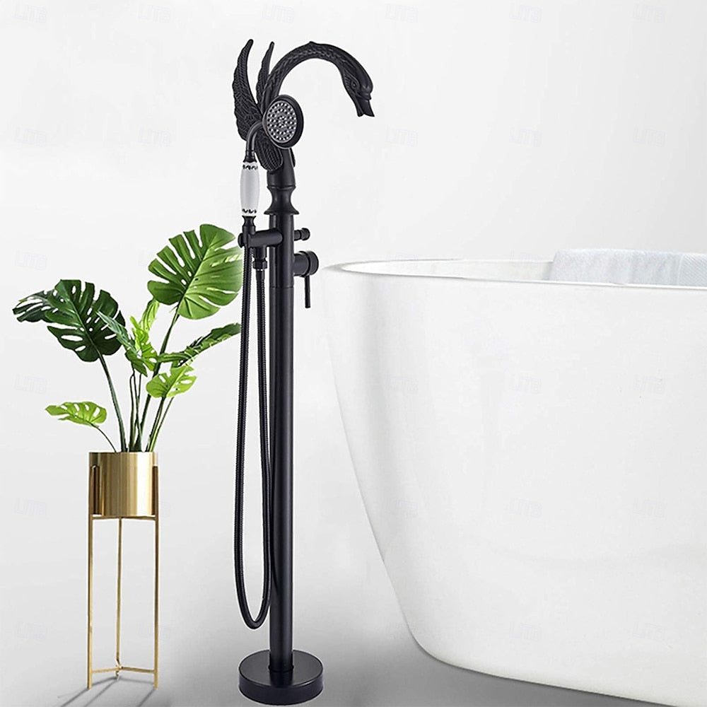 Swan Design Freestanding Tub Filler Faucet, Single-Handle Swivel Spout Tub Faucet with Handheld Shower, Polished Gold / Matte Black