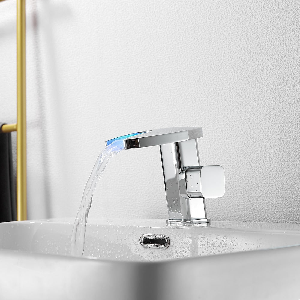 LED Waterfall Bathroom Faucet, Single-Handle Deck-Mount Faucet, Matte Black / Chrome / Polished Gold / Matte White