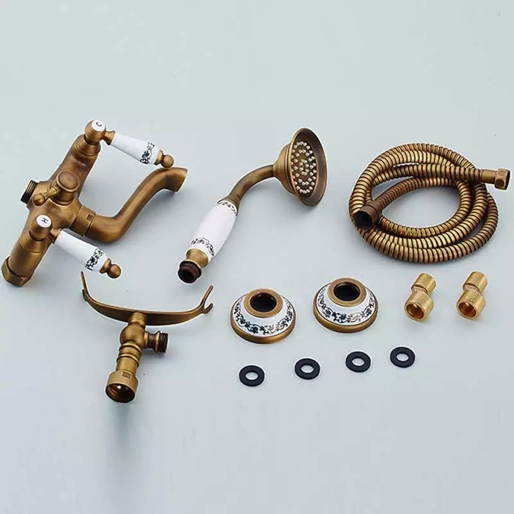 Vintage Antique Brass Wall-Mount Tub Faucet, Dual-Handle Bathroom Tub Faucet with Handheld Shower