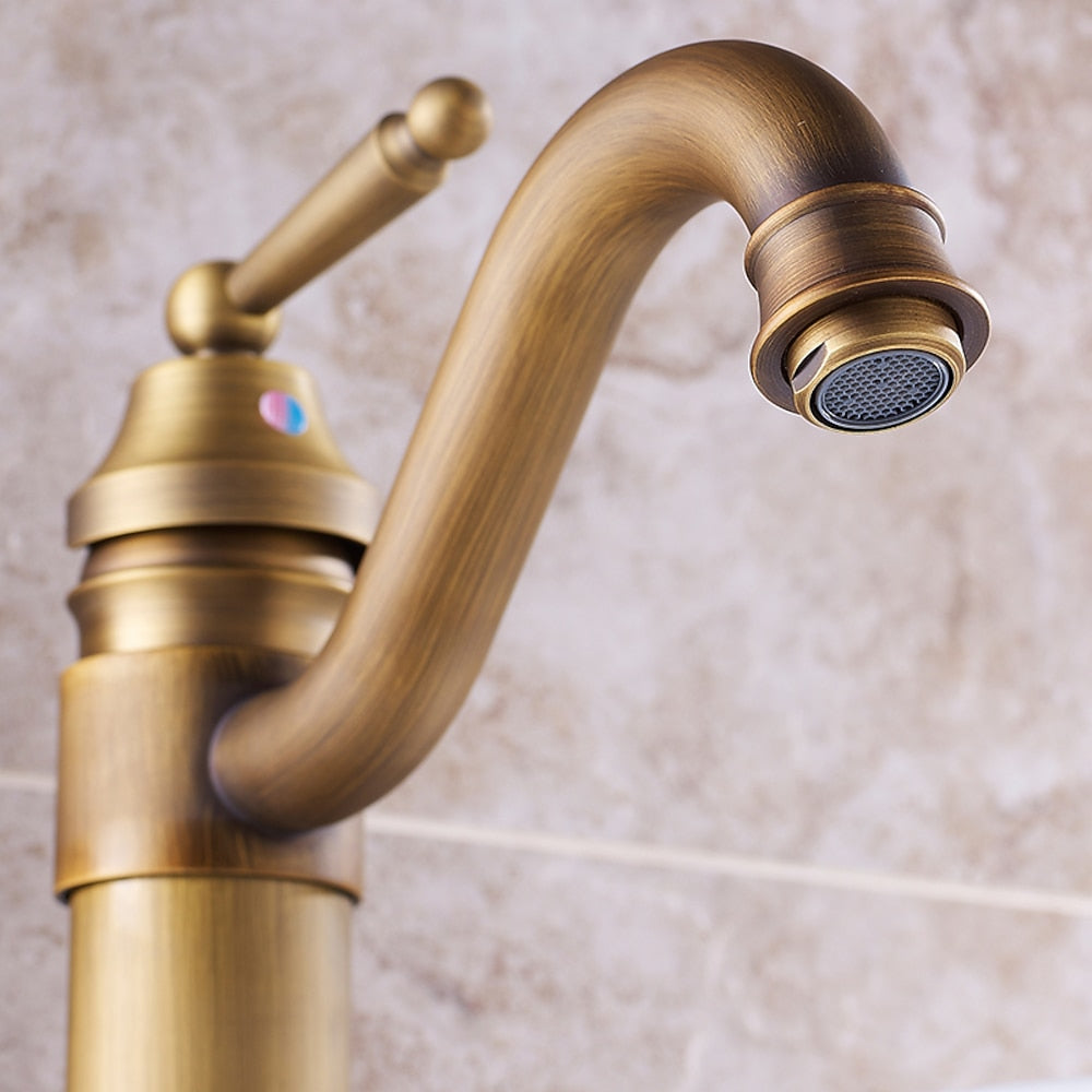 Rotatable High-Arc Vessel Sink Faucet, Single-Handle Vintage Brass Faucet, Antique Brass / Matte Black