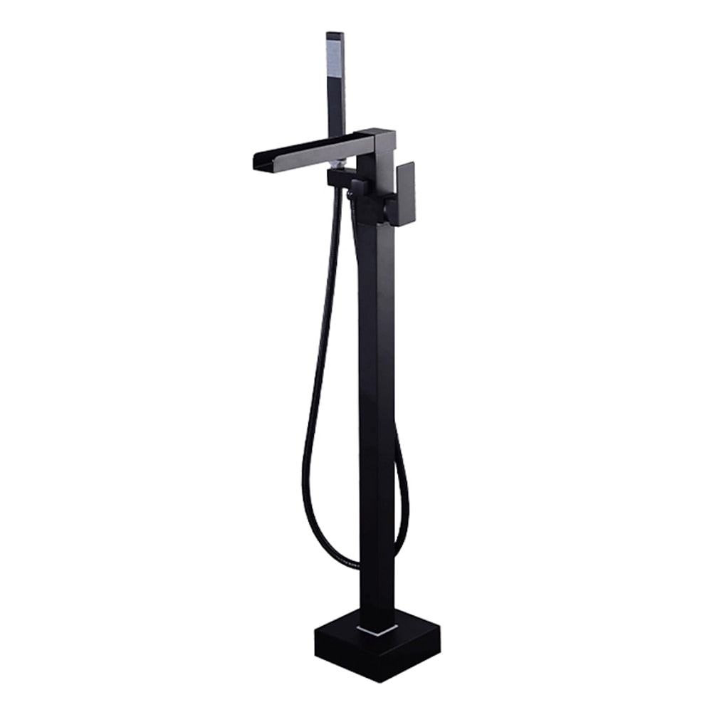 Modern Waterfall Freestanding Tub Filler, Single-Handle Tub Faucet with Handheld Shower