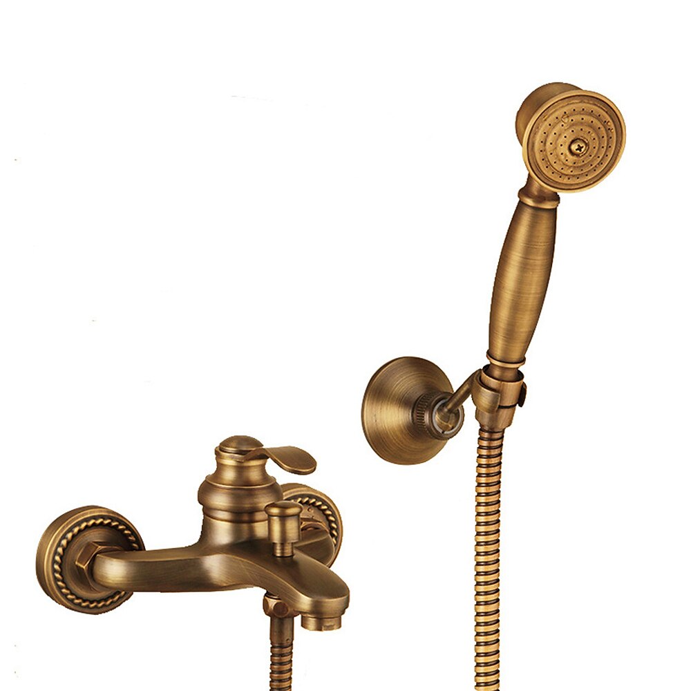 Antique Brass Wall-Mount Tub Faucet, Single-Handle Bath Shower Mixer Tap with Handheld Shower