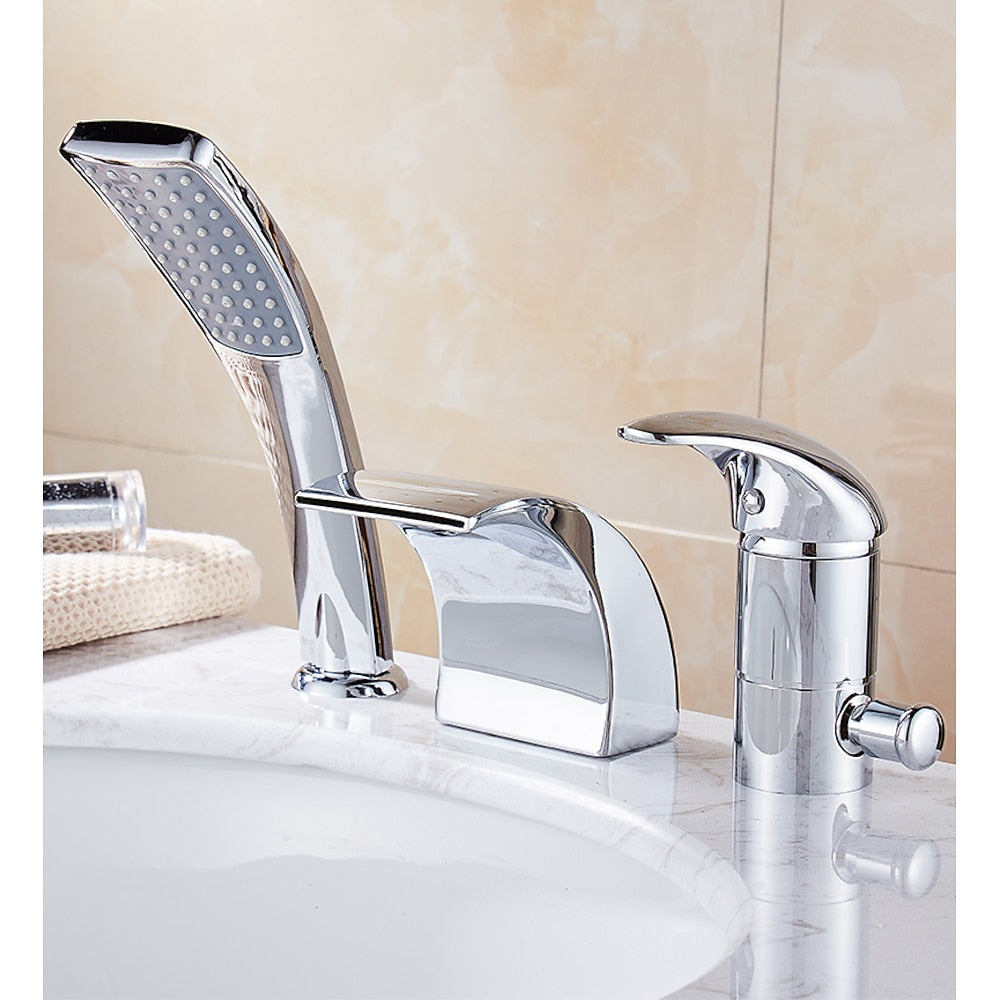Waterfall Spout Single-Handle Roman Tub Faucet, Deck-Mount Tub Filler Faucet with Handheld Shower, Chrome / Matte Black