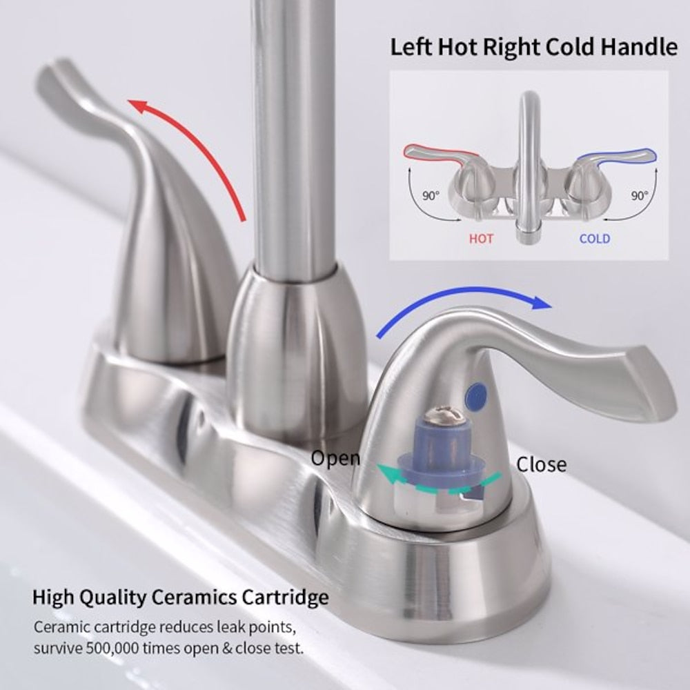 Brushed Nickel High Arc Swivel Spout Centerset Bathroom Faucet, Double-Handle 3-Hole Sink Faucet with Pop-Up Drain