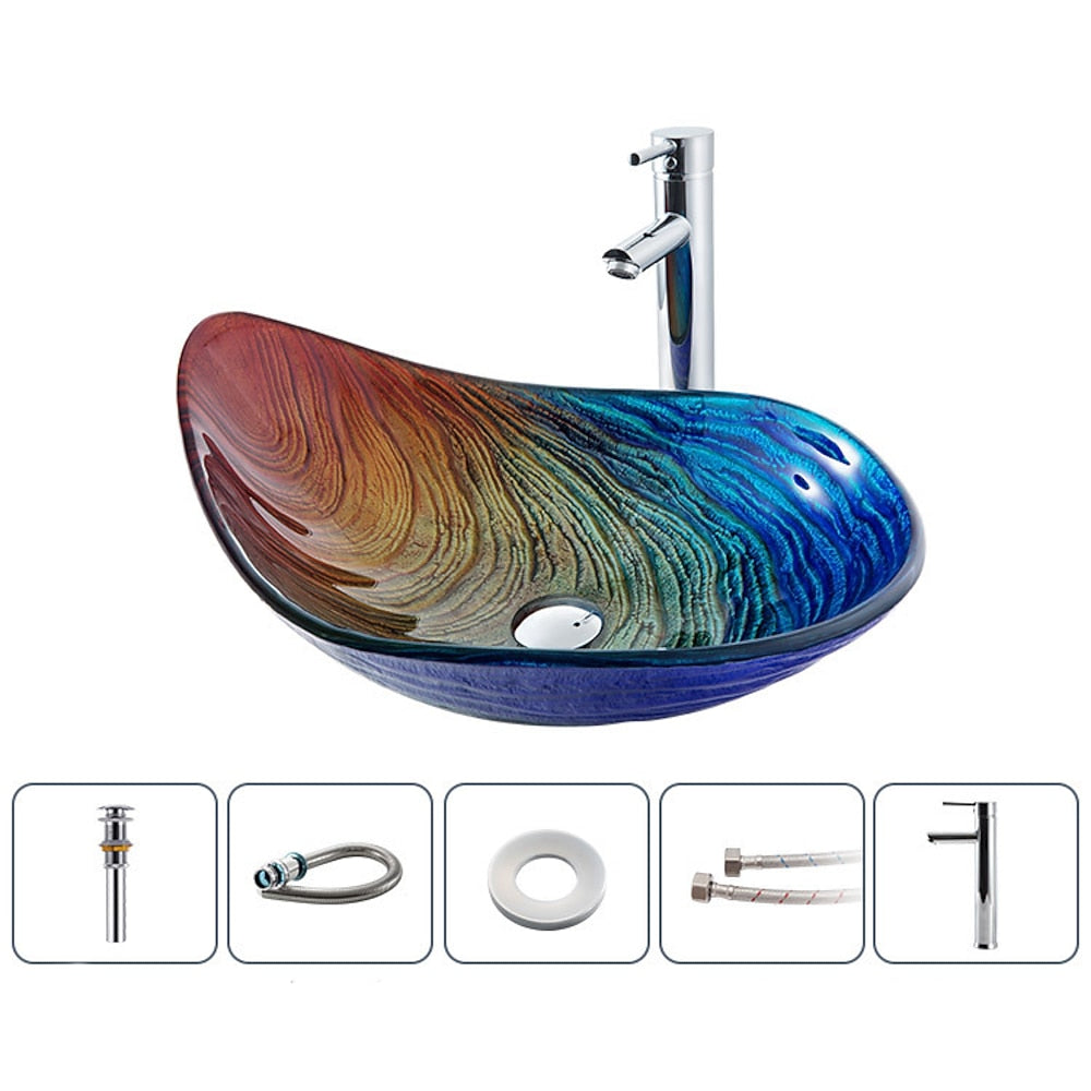 Modern Boat-Shape Tempered Glass Vessel Sink Faucet Combo, Vessel Sink Faucet Combo with Pop-Up Drain, Multi- / Gold / Bronze / Copper / Silver