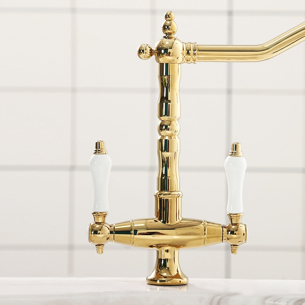 Antique Single-Hole Bathroom Faucet, Dual Ceramic Handle Swivel Spout Faucet, Antique Brass / Brushed Nickel / Chrome / Matte Black / Polished Gold