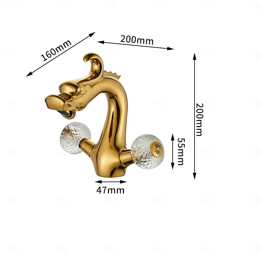 Polished Gold Traditional Dragon Faucet, Single-Hole Dual-Handle Faucet with Crystal Knob Handles