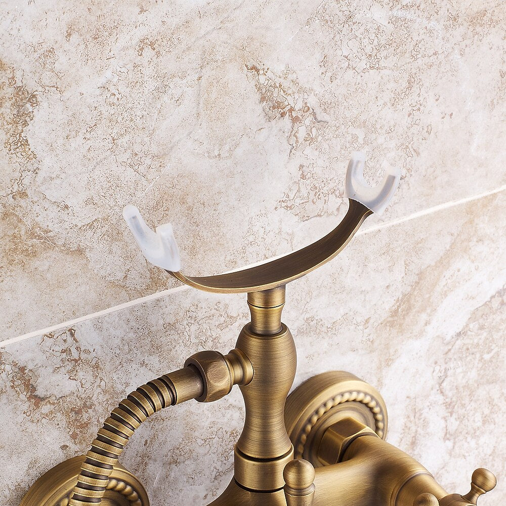 Vintage Wall-Mount Tub Faucet, Double-Handle Brass Bathtub Faucet with Telephone- Handheld Shower, Antique Brass / Matte Black