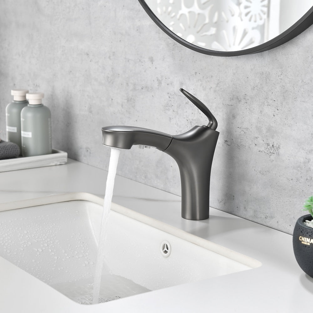 Pull-Out Single-Hole Bathroom Faucet, Single-Handle Brass Faucet, Brushed Gold / Matte Black / Matte White / Chrome / Gunmetal