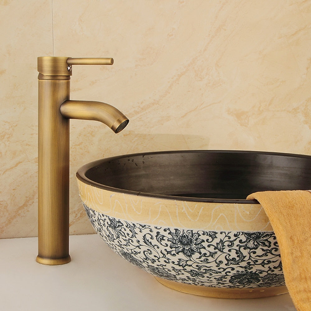 Tall Vessel Sink Faucet, Single-Handle Brass Faucet, Antique Brass / Matte Black