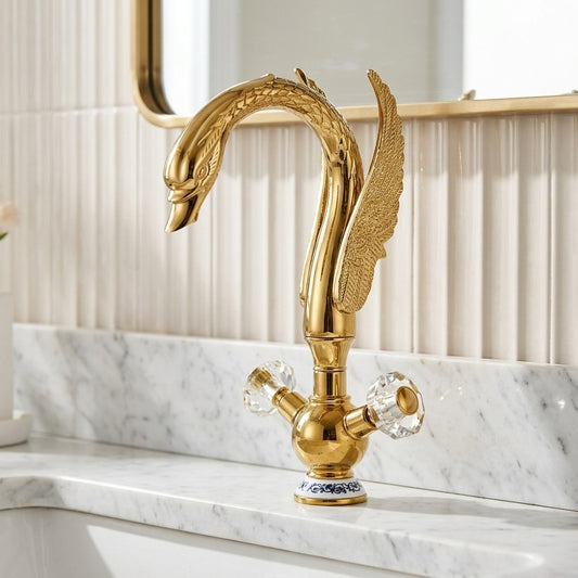 Lagomel double-handle single-hole bathroom faucet in chrome, polished gold, antique brass, set in a Vintage/Retro/Contemporary bathroom