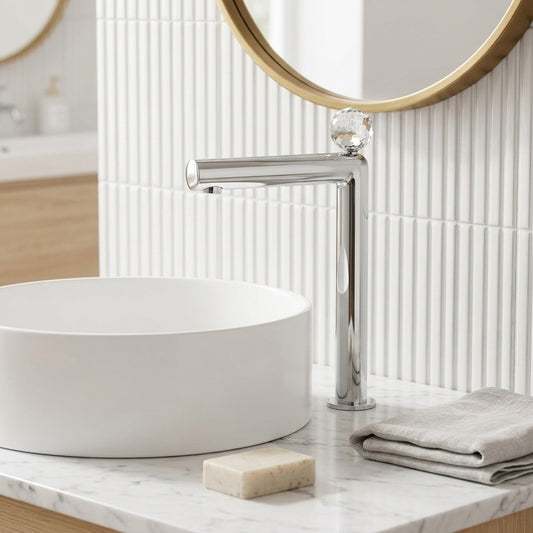 Lagomel single-hole vessel sink faucet in chrome, set in a Modern/Contemporary bathroom