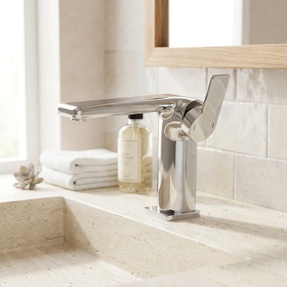 Lagomel single-hole bathroom faucet in chrome, set in a Modern/Contemporary bathroom