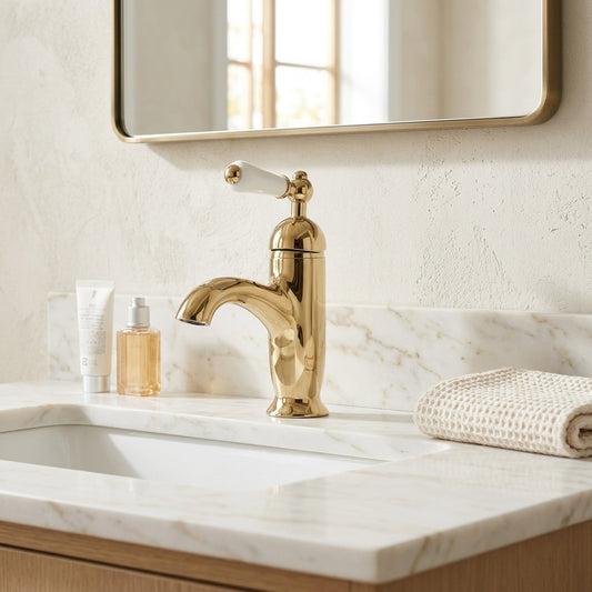Lagomel single-hole bathroom faucet in polished gold, chrome, set in a Traditional/Classic bathroom