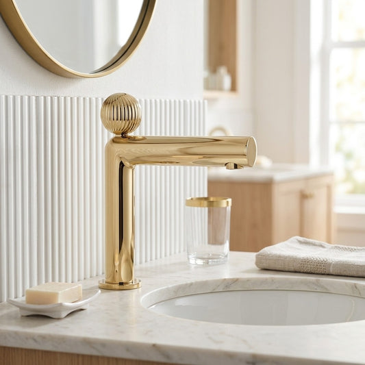 Lagomel single-hole bathroom faucet in chrome, matte black, polished gold, gunmetal, pvd, set in a Modern/Contemporary bathroom