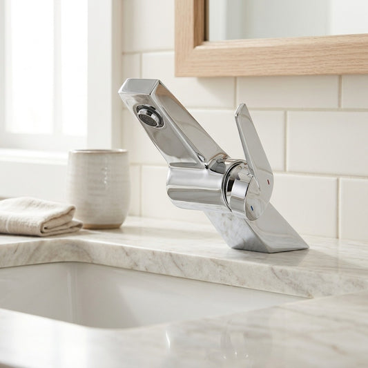 Lagomel single-hole bathroom faucet in chrome, gunmetal, set in a Modern/Contemporary bathroom