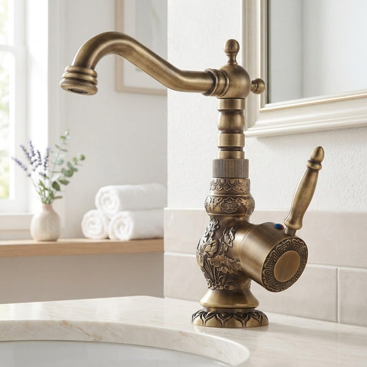 Lagomel single-hole bathroom faucet in antique brass, set in a Traditional/Classic/Vintage/Retro bathroom