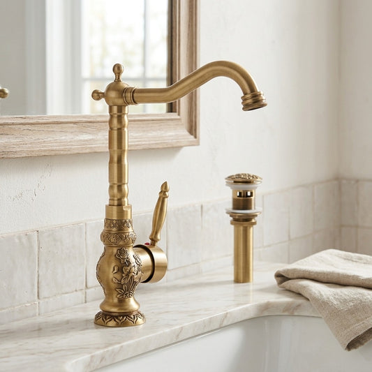 Lagomel single-hole single-handle faucet and drain set in antique brass, set in a Vintage/Retro bathroom