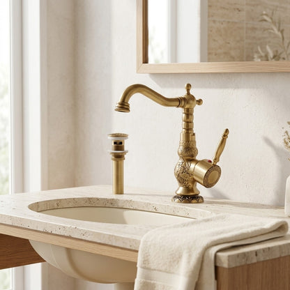 Lagomel single-hole single-handle faucet and drain set, set in a Vintage/Retro bathroom