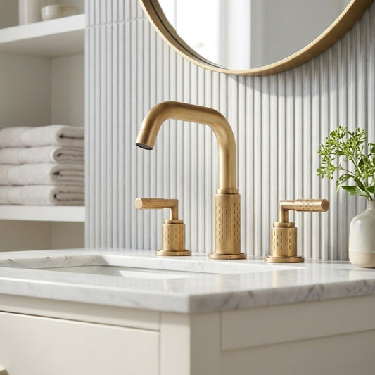 Lagomel widespread bathroom faucet in brushed gold, chrome, gunmetal, set in a Modern/Contemporary bathroom